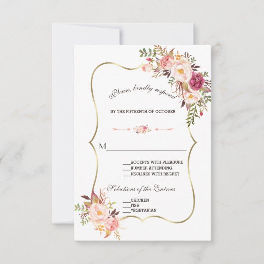 Charm Gold Blush Pink Blumenzange RSVP Karte (Vorderseite)