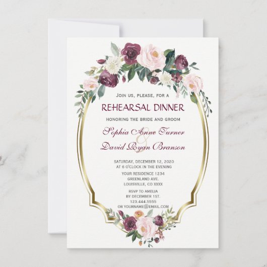 Charm Gold Burgund Blush Probe Dinner Einladung (Vorderseite)