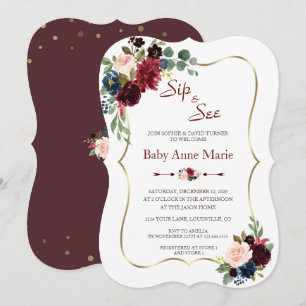 Charm Gold Burgundy Blumensip & See Babydusche Einladung