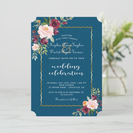 Charm Gold Burgundy Blush Bloom Blume Hochzeit Einladung (Stehend Vorderseite)