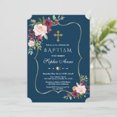 Charm Gold Burgundy Blush Bloral Navy Blauer Taufe Einladung (Stehend Vorderseite)