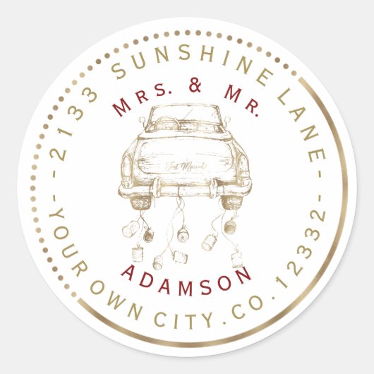 Charm Gold Car Just Married Circle Address Label Runder Aufkleber (Vorderseite)