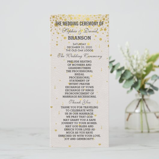 Charm Gold Confetti White Leather Wedding Programm (Stehend Vorderseite)