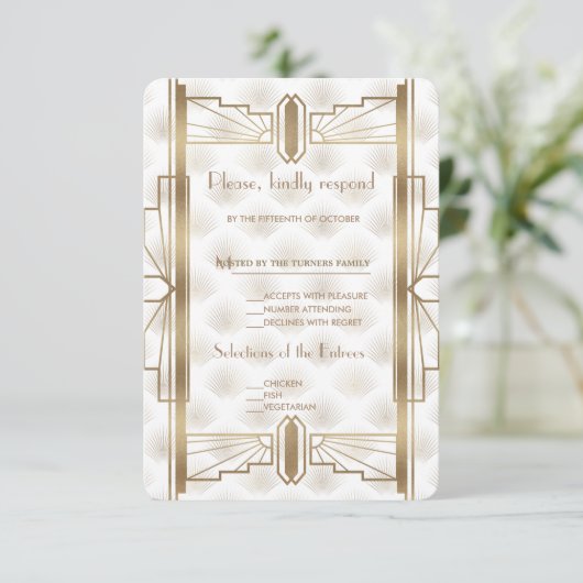 Charm Gold Great Gatsby Art Deco 20s Wedding RSVP (Stehend Vorderseite)
