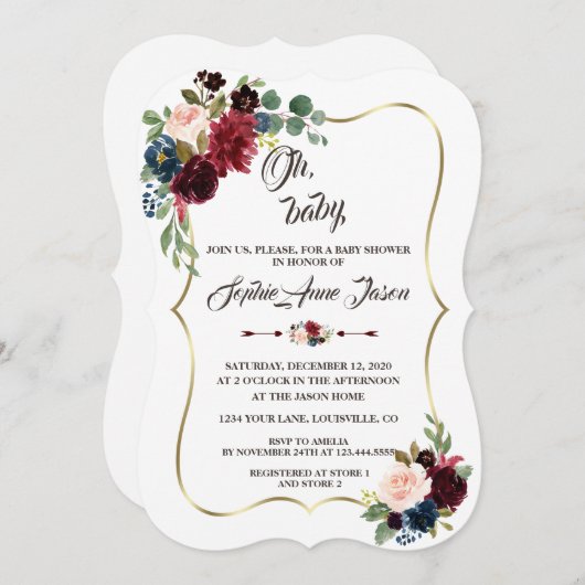 Charm Gold Merlot Navy Blue Floral Baby Dusche Einladung (Vorne/Hinten)