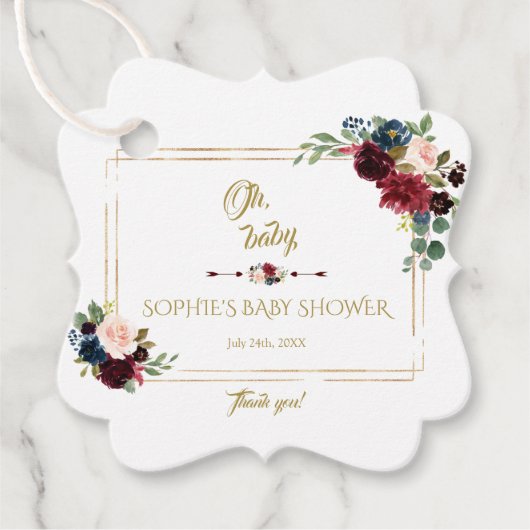 Charm Gold Merlot Navy Blue Floral Baby Dusche Geschenkanhänger (Vorderseite)