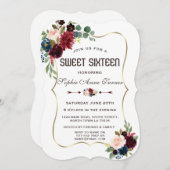 Charm Gold Merlot Navy Blue Floral Sweet 16 Einladung (Vorne/Hinten)