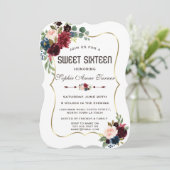 Charm Gold Merlot Navy Blue Floral Sweet 16 Einladung (Stehend Vorderseite)
