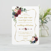 Charm Gold Merlot Navy Blue Floral Wedding Einladung (Stehend Vorderseite)