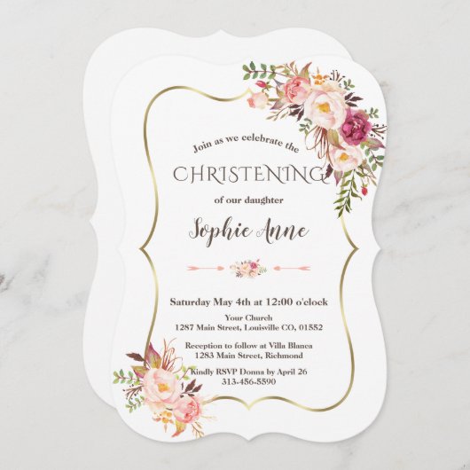 Charm Gold Rahmen Blush Pink Floral Christening Einladung (Vorne/Hinten)
