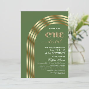 Charm Gold Sap Green Girl Erster Geburtstag & Tauf Einladung