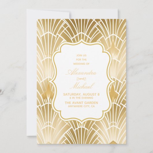 Charm Gold White Art Deco Great Gatsby Wedding Einladung (Vorderseite)
