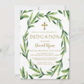 Charm Greenery Blätter Wreath Gold Boy Dedication Einladung (Vorderseite)
