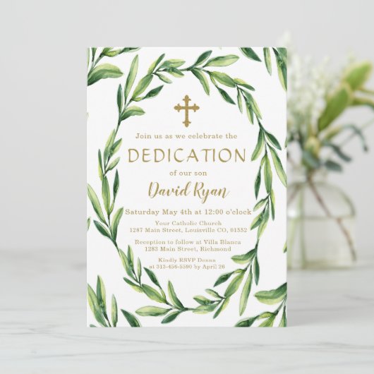 Charm Greenery Blätter Wreath Gold Boy Dedication Einladung (Stehend Vorderseite)