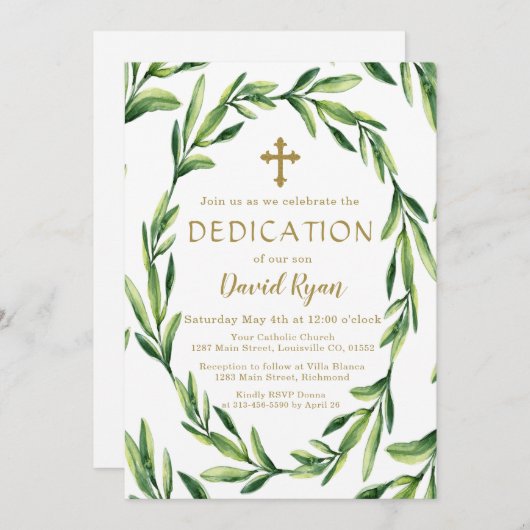 Charm Greenery Blätter Wreath Gold Boy Dedication Einladung (Vorne/Hinten)