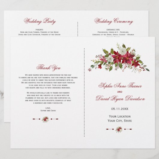 Charm Holiday Red Poinsettia Hochzeitsprogramm (Vorne/Hinten)