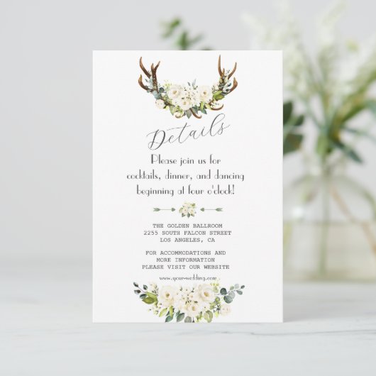 Charm Ivory Cream Blume Antler Hochzeitdetails Begleitkarte (Stehend Vorderseite)