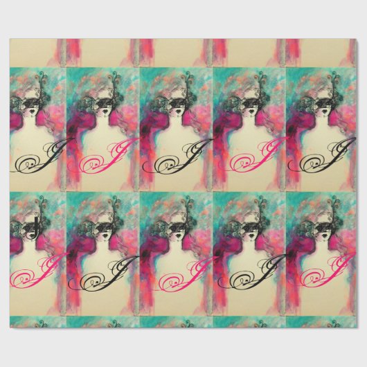 CHARM /Lady mit Maske Monogramm Aquamarin grün ros Geschenkpapier (Flach)