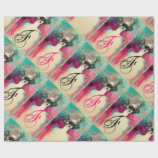 CHARM /Lady mit Maske Monogramm Aquamarin grün ros Geschenkpapier (Flach)