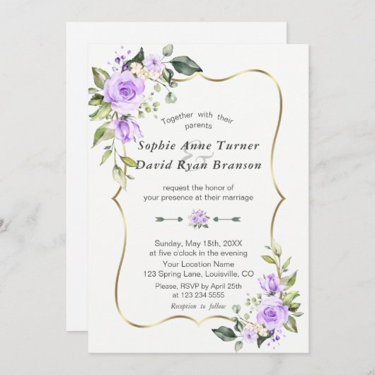 Charm Lavender Blume Gold Frame Wedding Einladung (Vorne/Hinten)