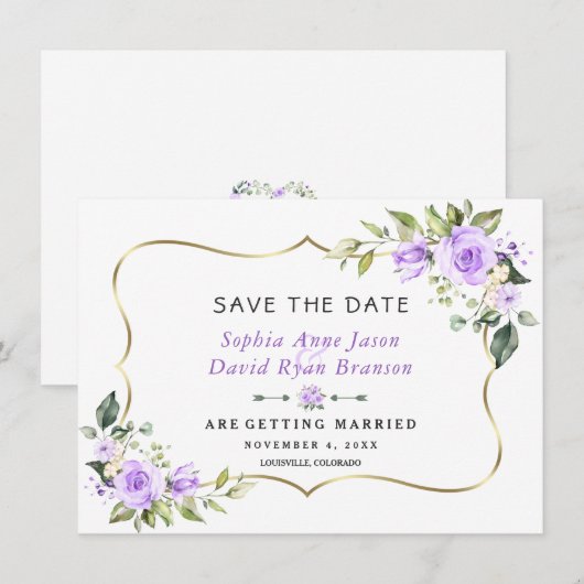 Charm Lavender Blume Gold Frame Wedding Save The Date (Vorne/Hinten)