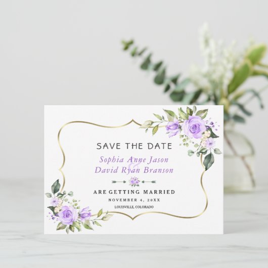 Charm Lavender Blume Gold Frame Wedding Save The Date (Stehend Vorderseite)