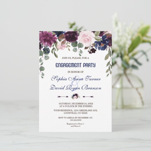 Charm Lavender Navy Blue Floral Engagement Party Einladung (Stehend Vorderseite)