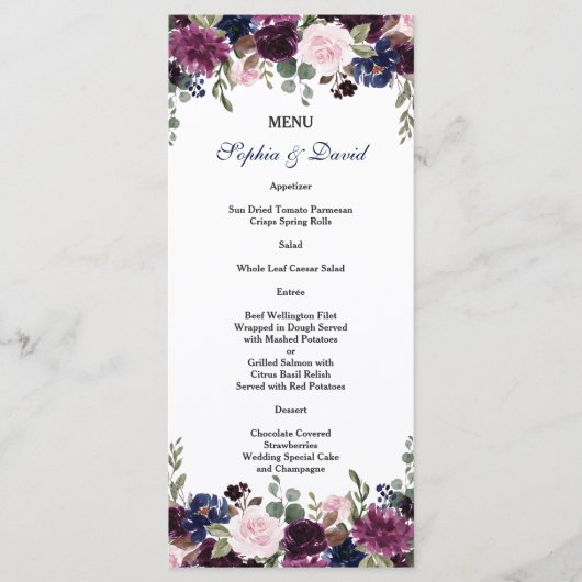 Charm Lavender Navy Blues Blumenmenü Menükarte (Vorderseite)