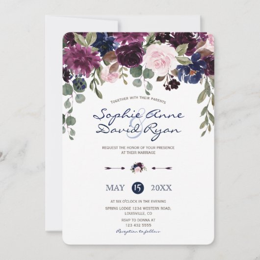 Charm Lavender Navy Blumenblume Hochzeit Einladung (Vorderseite)