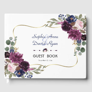 Charm Lavender Navy Gold Blumenblume Hochzeit Gästebuch