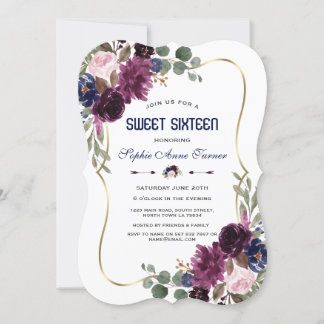 Charm Lavender Navy Gold Blumenblüte Sweet 16 Einladung