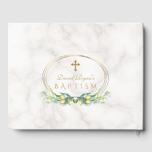 Charm Lemon Frucht Marmor Gold Cross Boy Taufe Gästebuch (Rückseite)