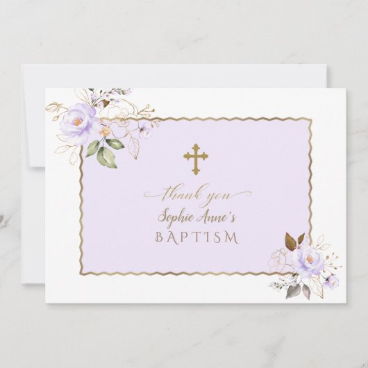 Charm Light Lila Gold Blume Girl Baptisse Dankeskarte (Vorderseite)