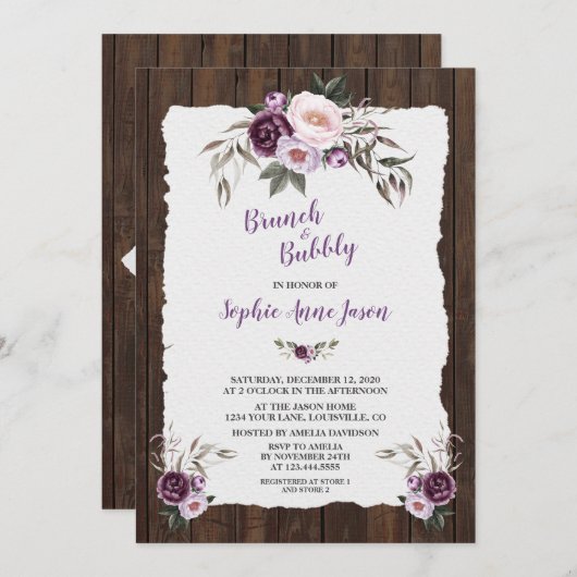 Charm Lila rosa Blumenholz Stall Brautparty Einladung (Vorne/Hinten)