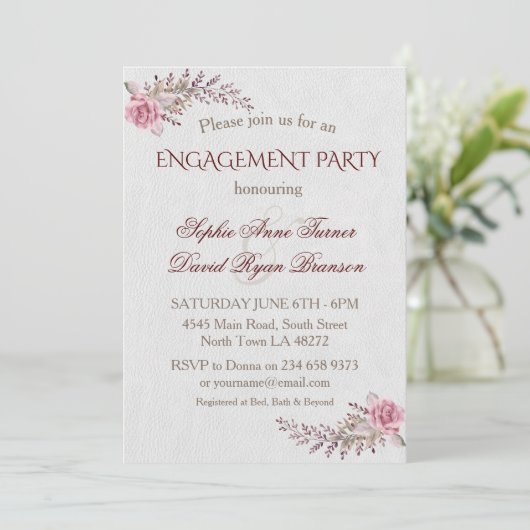 Charm Marsala Maroon Floral Engagement Party Einladung (Stehend Vorderseite)