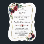 Charm Merlot Navy Blauer Flor 50. Geburtstag Einladung<br><div class="desc">JEDES ALTER! Elegantes Kartendesign mit wunderschönen Aquarellblumen und blauen Blumenbouquets,  goldenem Rahmen für Imitate,  einzigartiger Blumentrenner,  wunderschönen Schriftart. Verwenden Sie das Tool Anpassen,  um Ihre Informationen hinzuzufügen,  Änderungen vorzunehmen. Für passende Artikel besuchen Sie bitte meine Merlot & Navy Blue Floral Collection.</div>