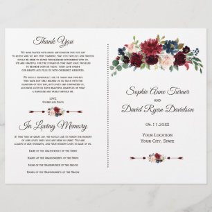 Charm Merlot Navy Blue Floral Wedding Programm