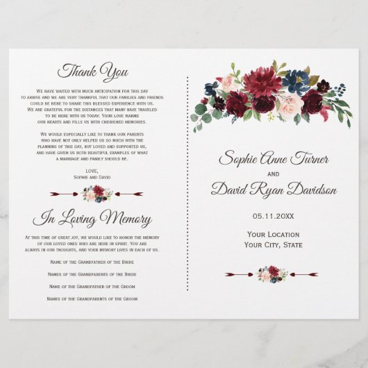 Charm Merlot Navy Blue Floral Wedding Programm (Vorderseite)