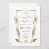 Charm Monogram Gold Art Deco White Wedding Einladung (Vorne/Hinten)