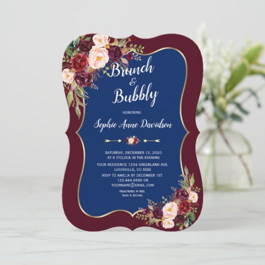Charm Navy Blue Burgundy Blumenbrunch & Bubbly Einladung (Stehend Vorderseite)