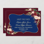 Charm Navy Blue Burgundy Blumengold Save the Date (Vorne/Hinten)