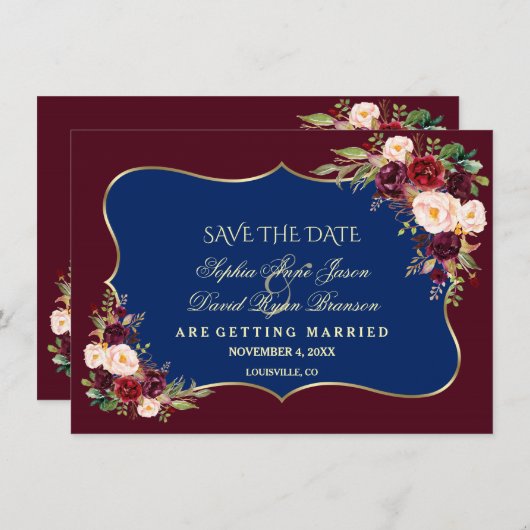 Charm Navy Blue Burgundy Blumengold Save the Date (Vorne/Hinten)