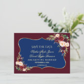 Charm Navy Blue Burgundy Blumengold Save the Date (Stehend Vorderseite)