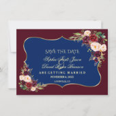 Charm Navy Blue Burgundy Blumengold Save the Date (Vorderseite)