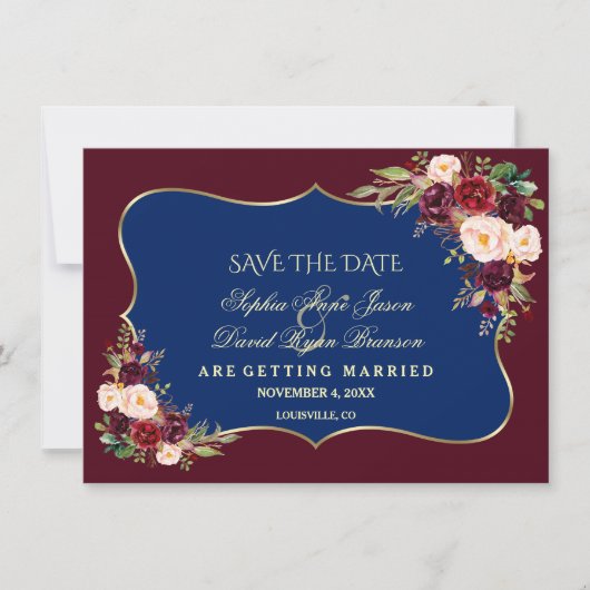 Charm Navy Blue Burgundy Blumengold Save the Date (Vorderseite)