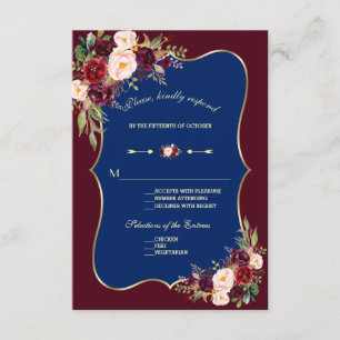 Charm Navy Blue Burgundy Floral Gold Wedding RSVP Karte