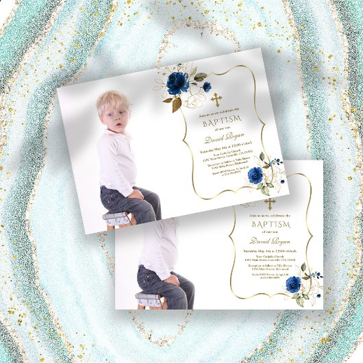 Charm Navy Blue Floral Gold Boy Foto Taufe Einladung