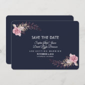 Charm Navy Blue Maroon Boho Floral Save the Date (Vorne/Hinten)