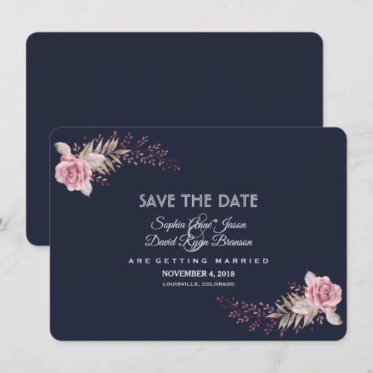 Charm Navy Blue Maroon Boho Floral Save the Date (Vorne/Hinten)