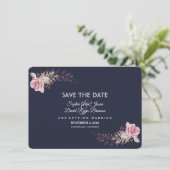 Charm Navy Blue Maroon Boho Floral Save the Date (Stehend Vorderseite)